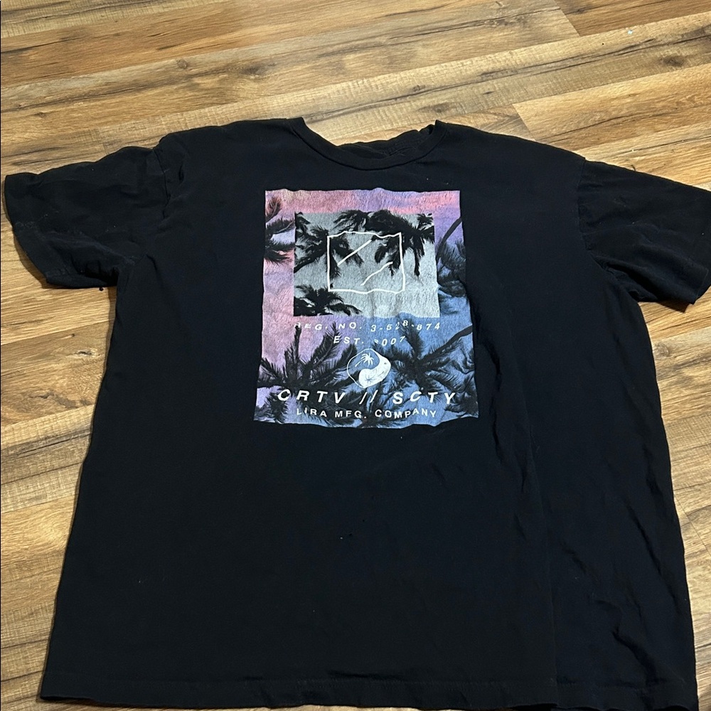 Black Graphic T-Shirt with Pink and Blue Design